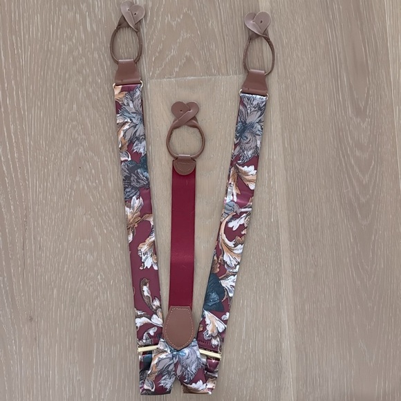 Pierre Cardin men’s OS Floral suspenders Maroon stretch gold like clips Leather - Picture 1 of 7